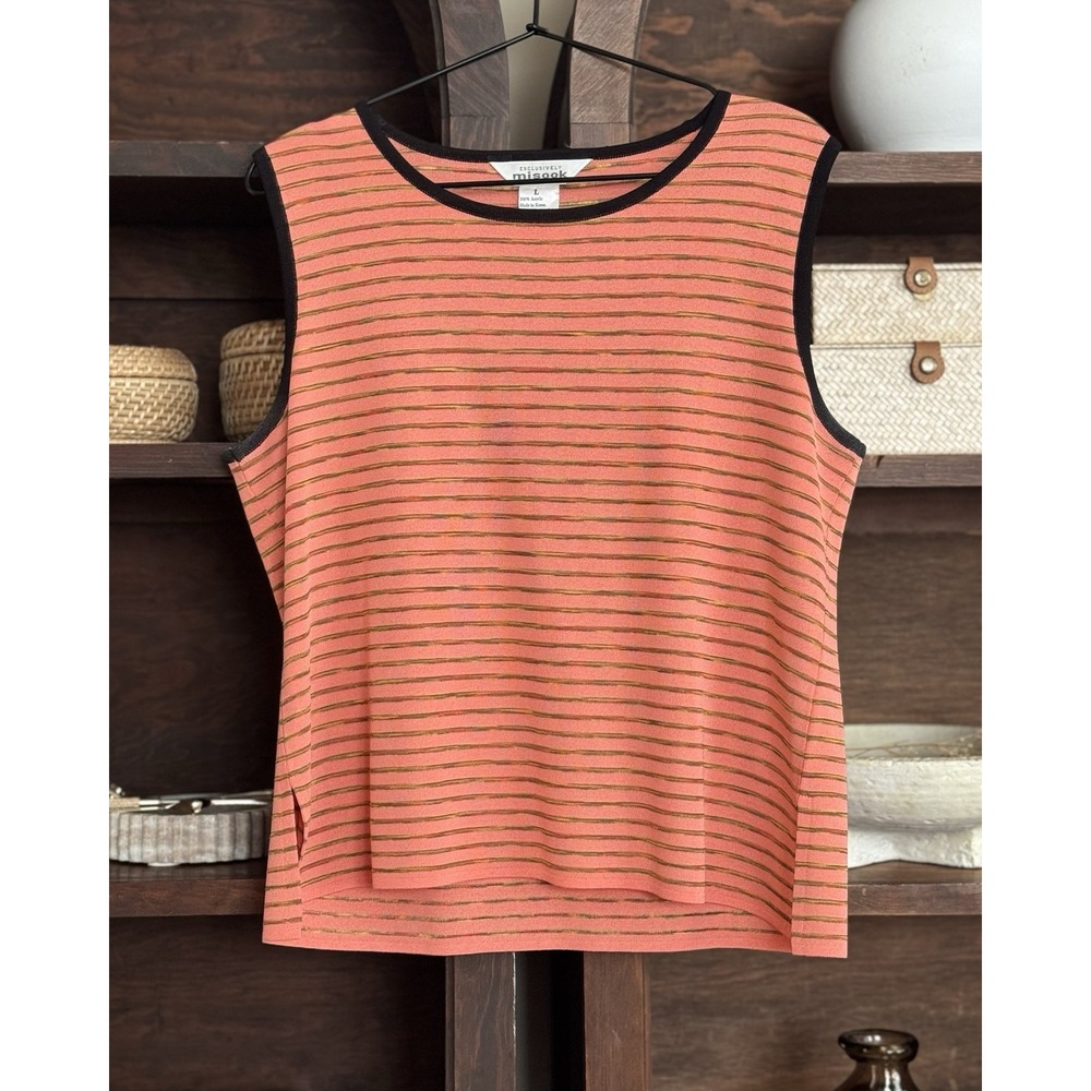 Exclusively Misook 2 Pc Set Tank Top Cardigan Striped Coral Orange Black Size L - Picture 5 of 6